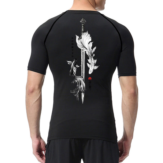Sword Printed Short Sleeve Compression Shirt Summer Men